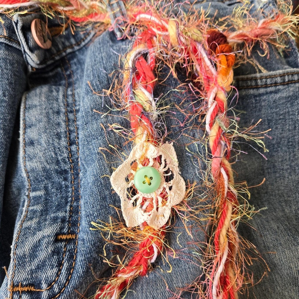 Upcycled One of a kind Distressed Patched Vintage lace Boyfriend Jeans Size 32 - Picture 3 of 10
